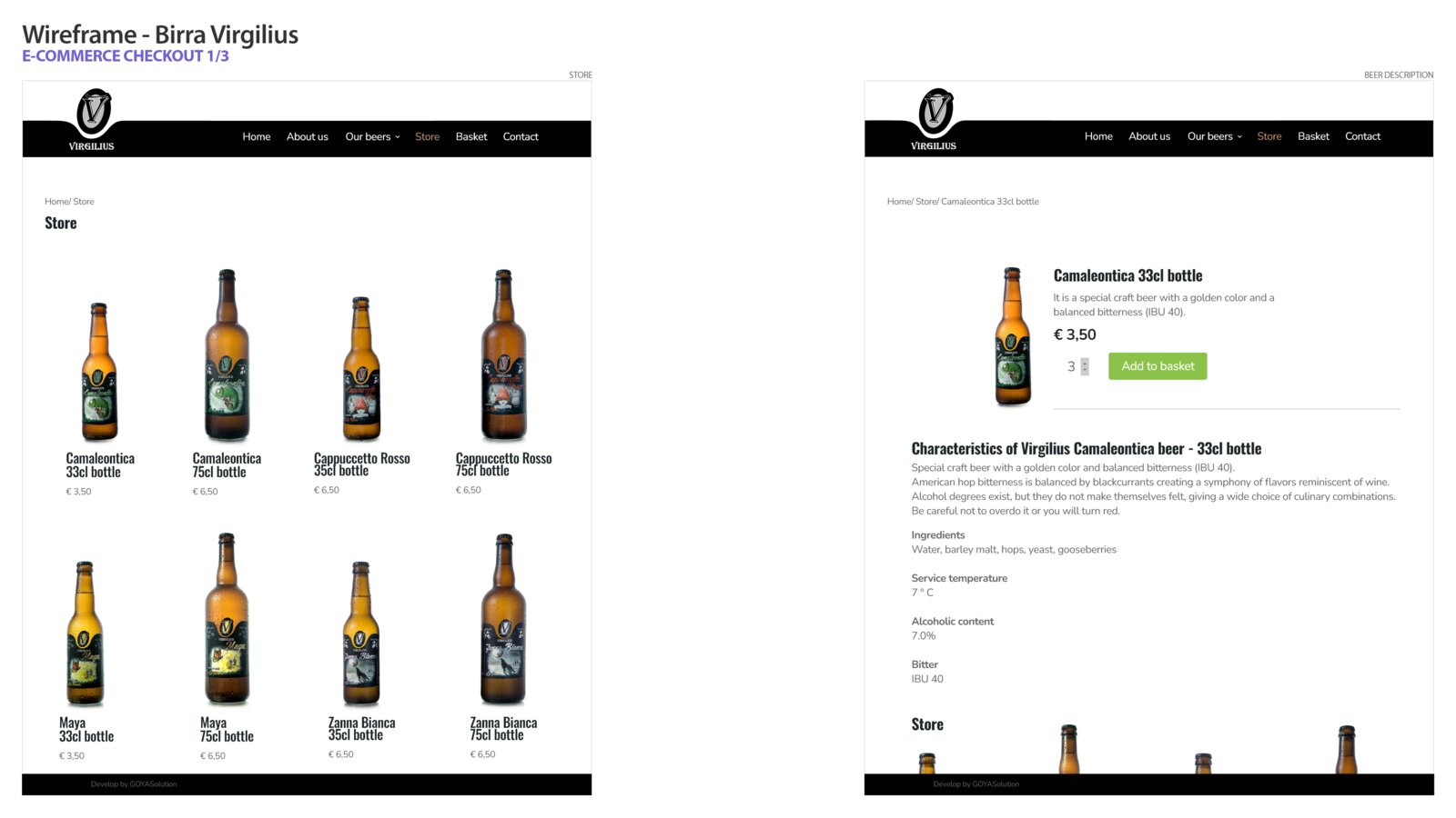 Wireframes of the store grid and product detail page for a Virgilius beer bottle