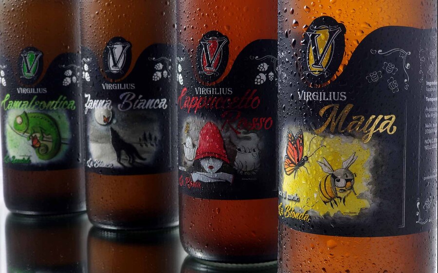 All four Virgilius beer bottles with condensation droplets, shot in close-up against a black mirrored surface
