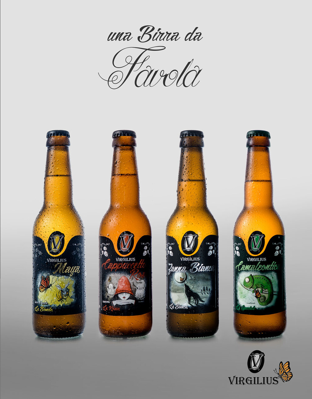 Final Virgilius advertising shot: all four beer bottles with condensation, under the tagline Una Birra da Favola