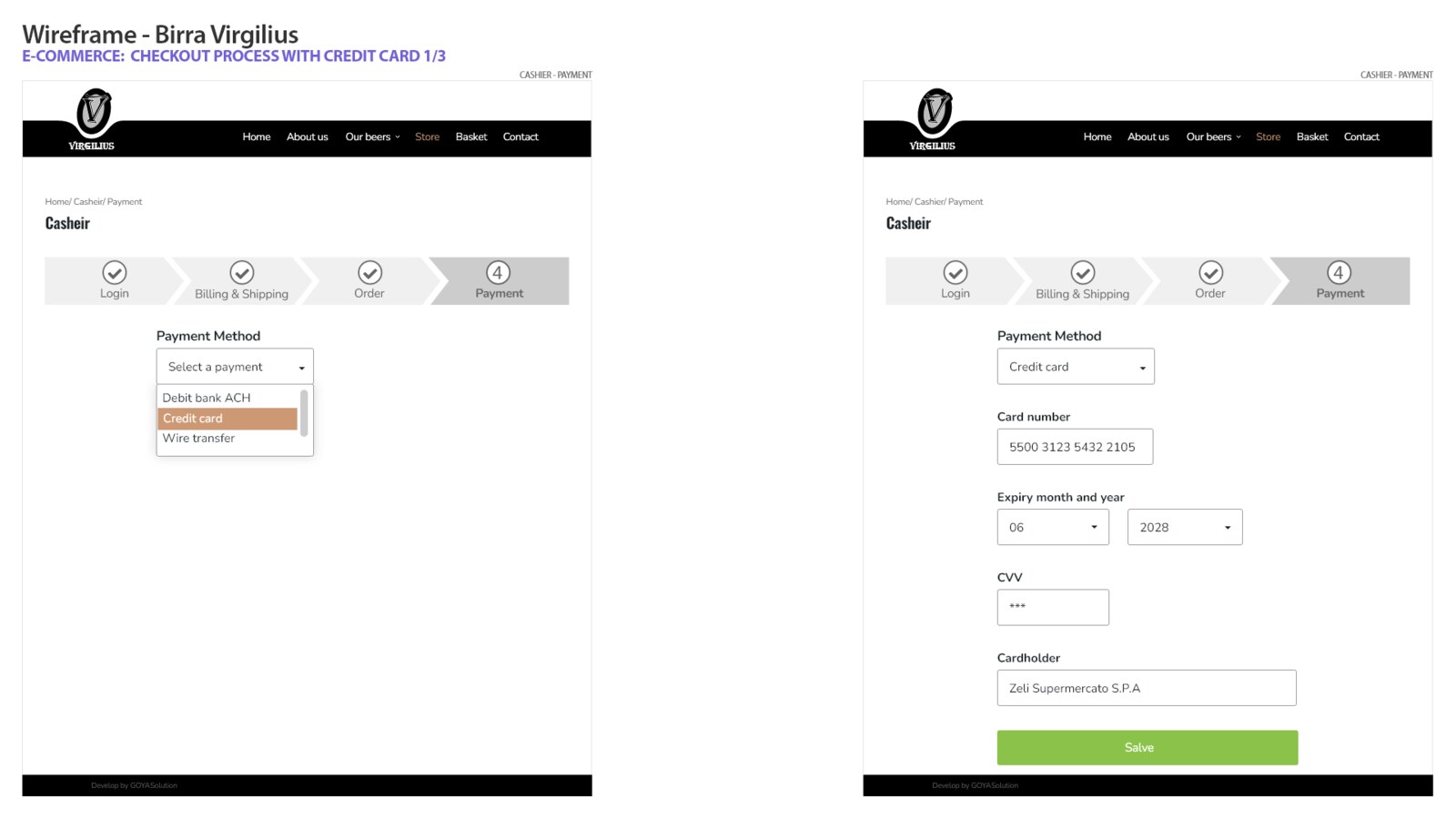 Credit card payment wireframe, screen 1 of 3