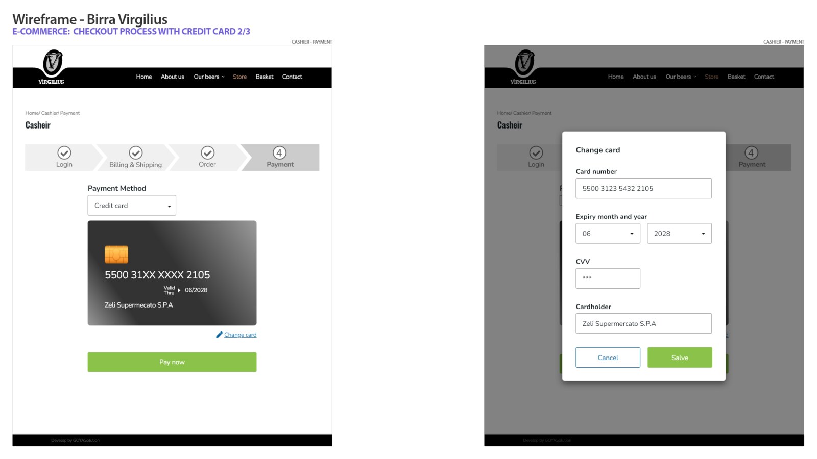 Credit card payment wireframe, screen 2 of 3