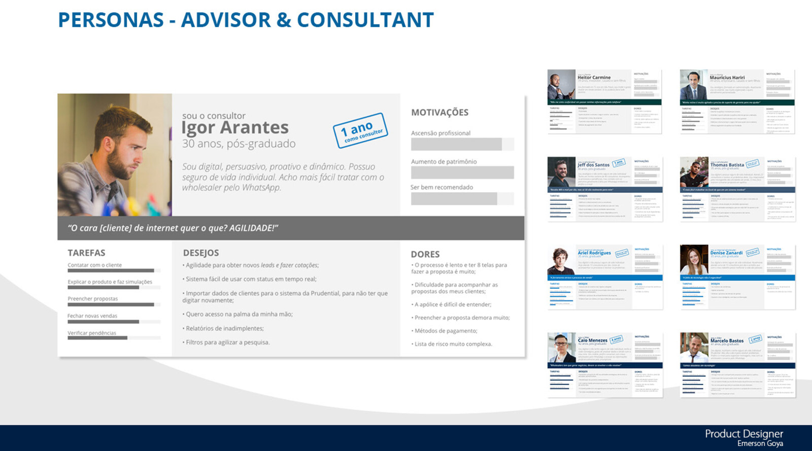 Full persona boards designed for advisor and consultant profiles, with tasks, wishes, pains and motivations