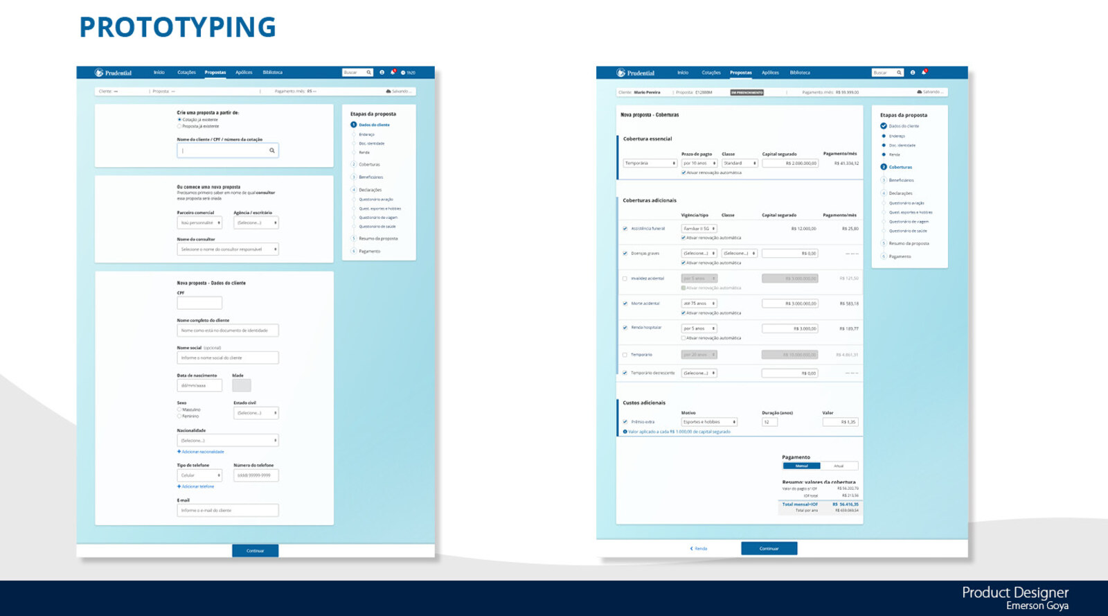 Prototype screens for selecting insurance coverage and add-ons