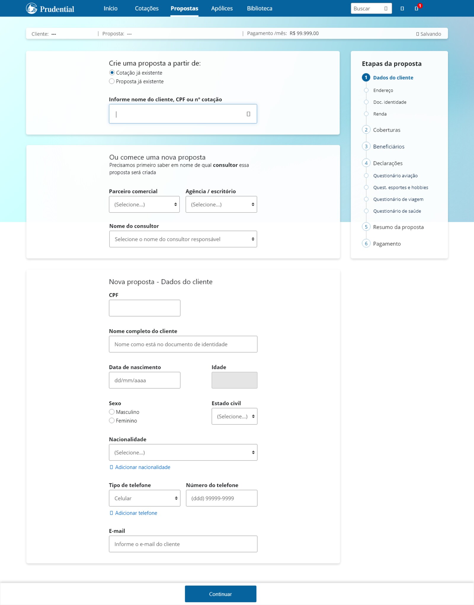 High-fidelity screen of the electronic proposal showing the Etapas da proposta modular sidebar navigation