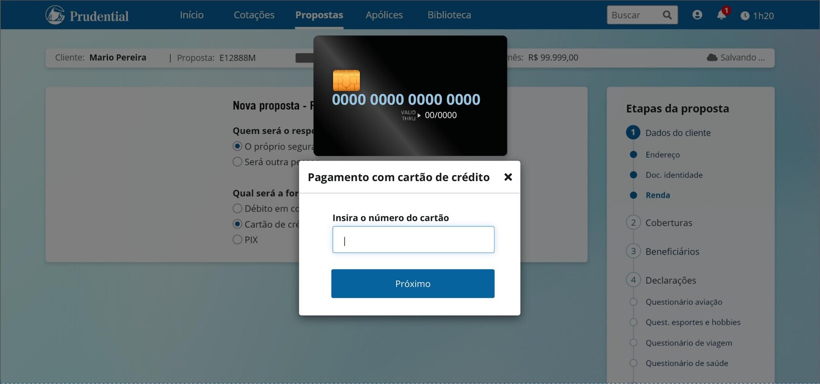 Credit card payment modal within the proposal flow